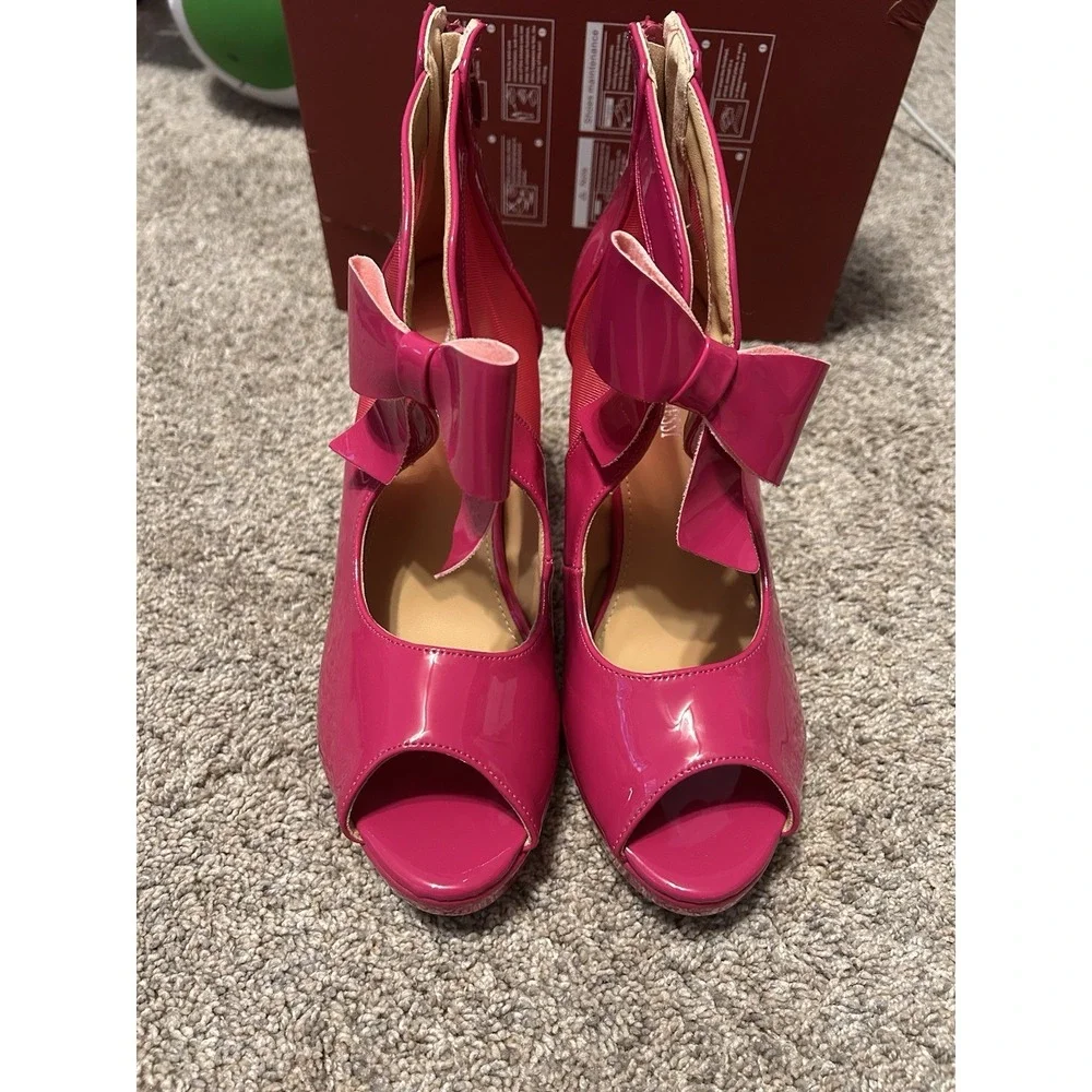 MAIERNISI JESSI Hot Pink Patent Bow Mesh Platform Heels Pumps Womens 9.5 EU 41